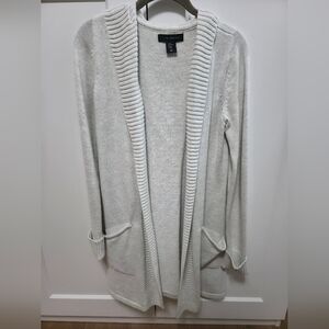 Tahari Heathered Light Grey/White Open Front Cardigan